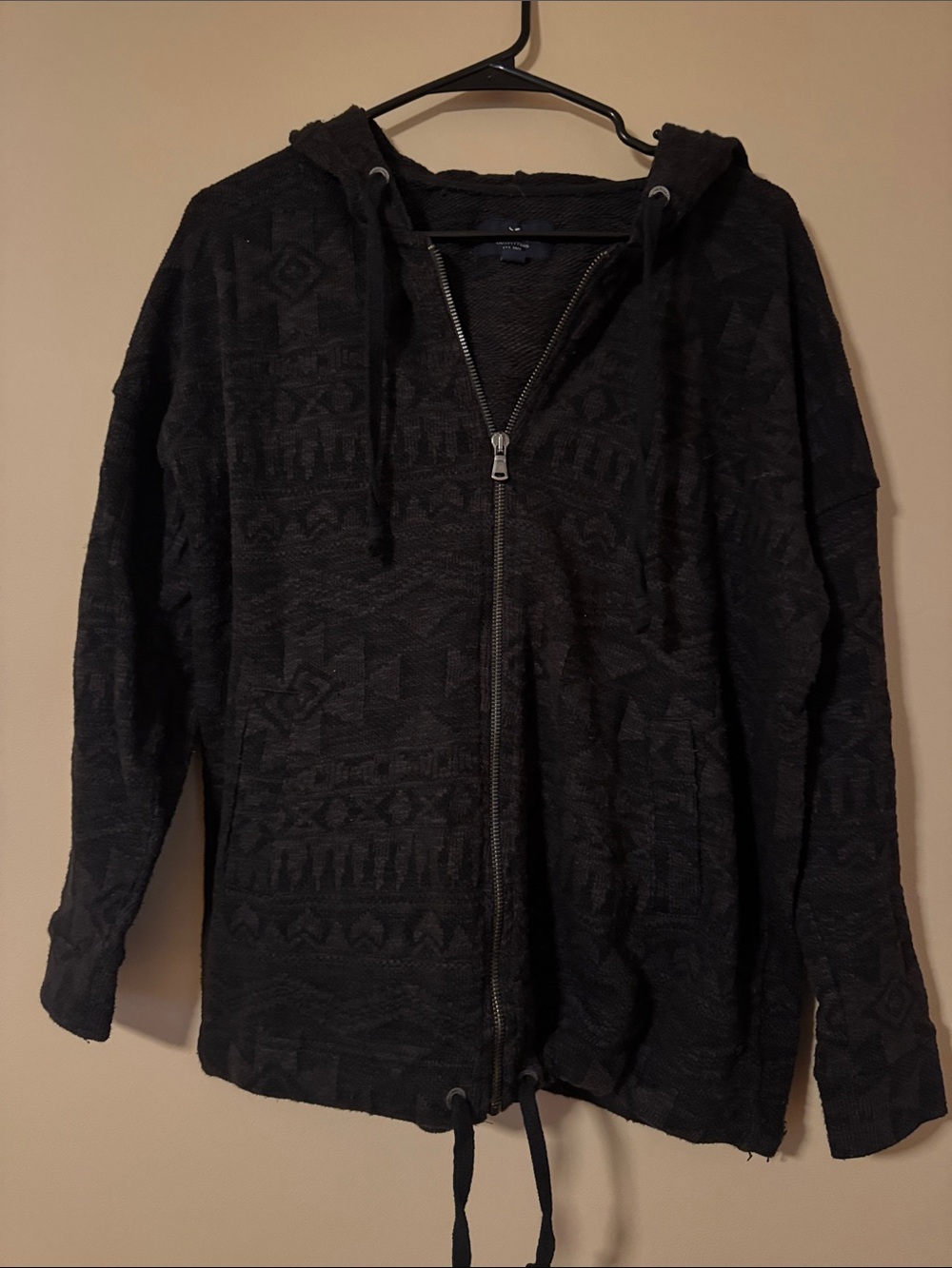 AE Black Zip-Up Hooded Sweater with Aztec Print, S